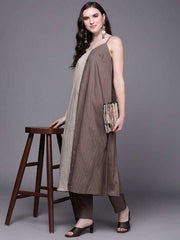 Women Beige Colourblocked Kurta with Trousers - Inddus.com