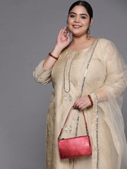 Women Beige Ethnic Motifs Embroidered Mirror Work Kurta with Trousers & With Dupatta - Inddus.com