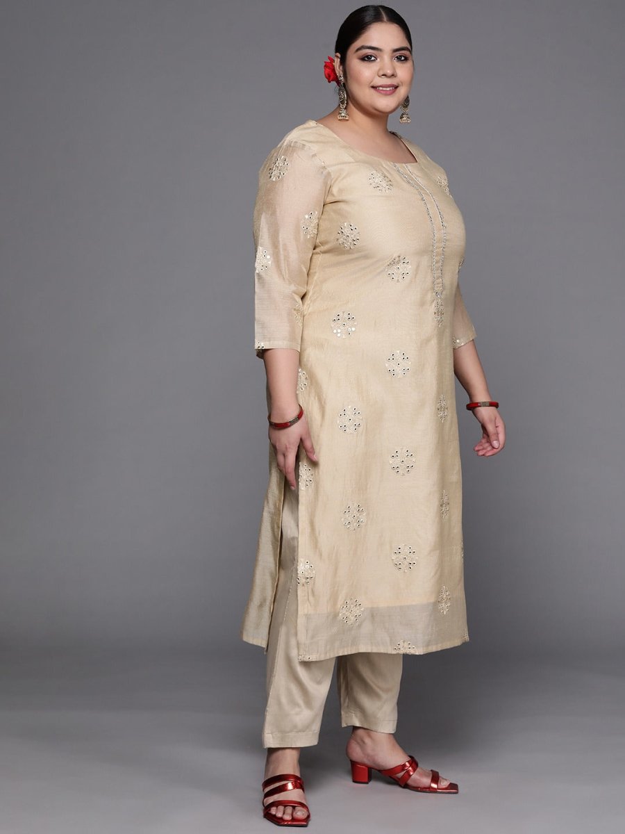 Women Beige Ethnic Motifs Embroidered Mirror Work Kurta with Trousers & With Dupatta - Inddus.com