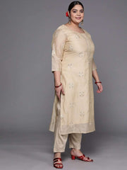Women Beige Ethnic Motifs Embroidered Mirror Work Kurta with Trousers & With Dupatta - Inddus.com