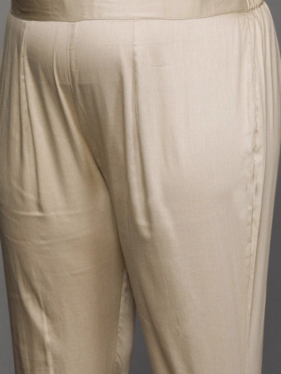 Women Beige Ethnic Motifs Embroidered Mirror Work Kurta with Trousers & With Dupatta - Inddus.com