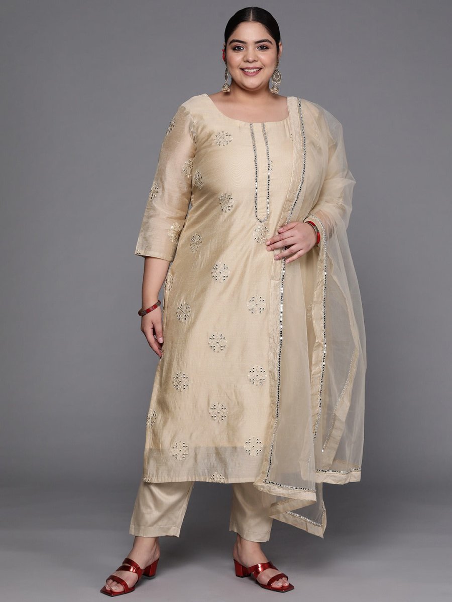 Women Beige Ethnic Motifs Embroidered Mirror Work Kurta with Trousers & With Dupatta - Inddus.com