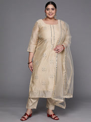 Women Beige Ethnic Motifs Embroidered Mirror Work Kurta with Trousers & With Dupatta - Inddus.com
