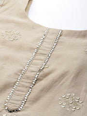 Women Beige Ethnic Motifs Embroidered Mirror Work Kurta with Trousers & With Dupatta - Inddus.com