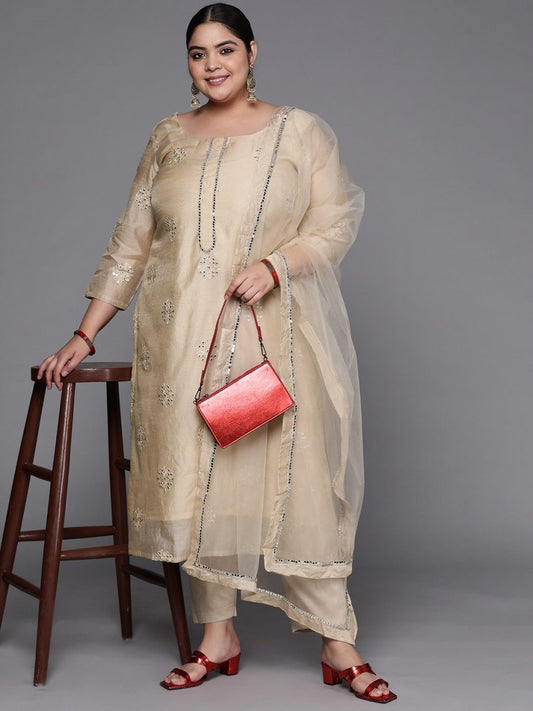 Women Beige Ethnic Motifs Embroidered Mirror Work Kurta with Trousers & With Dupatta - Inddus.com