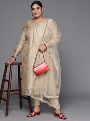 Women Beige Ethnic Motifs Embroidered Mirror Work Kurta with Trousers & With Dupatta - Inddus.com
