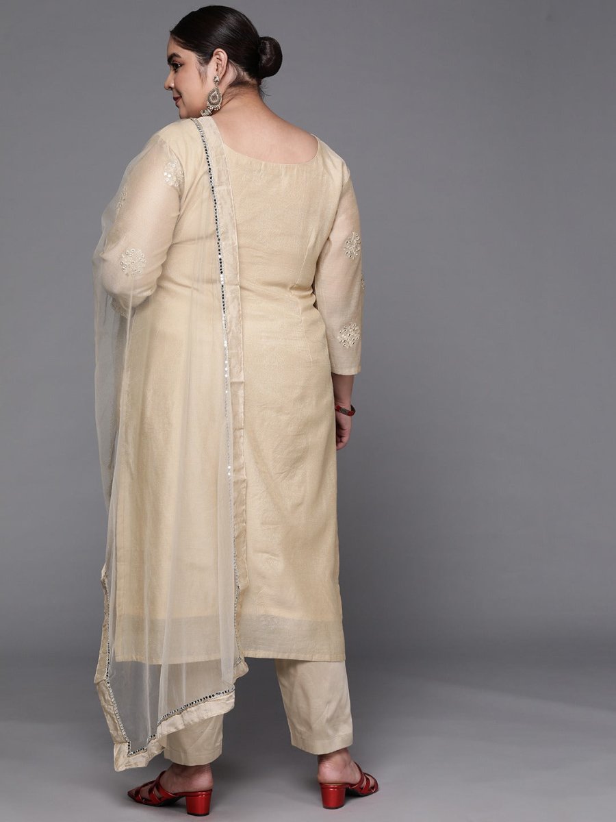 Women Beige Ethnic Motifs Embroidered Mirror Work Kurta with Trousers & With Dupatta - Inddus.com