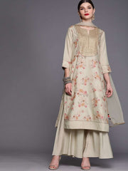 Women Beige Floral Printed Sequinned Kurta with Palazzos & Dupatta - Inddus.com