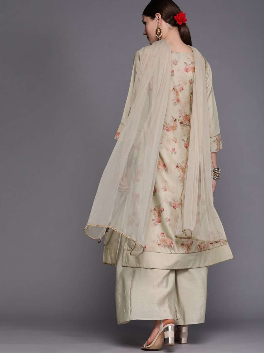 Women Beige Floral Printed Sequinned Kurta with Palazzos & Dupatta - Inddus.com