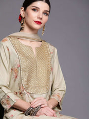 Women Beige Floral Printed Sequinned Kurta with Palazzos & Dupatta - Inddus.com
