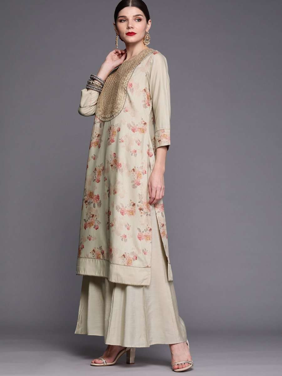 Women Beige Floral Printed Sequinned Kurta with Palazzos & Dupatta - Inddus.com