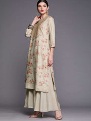 Women Beige Floral Printed Sequinned Kurta with Palazzos & Dupatta - Inddus.com