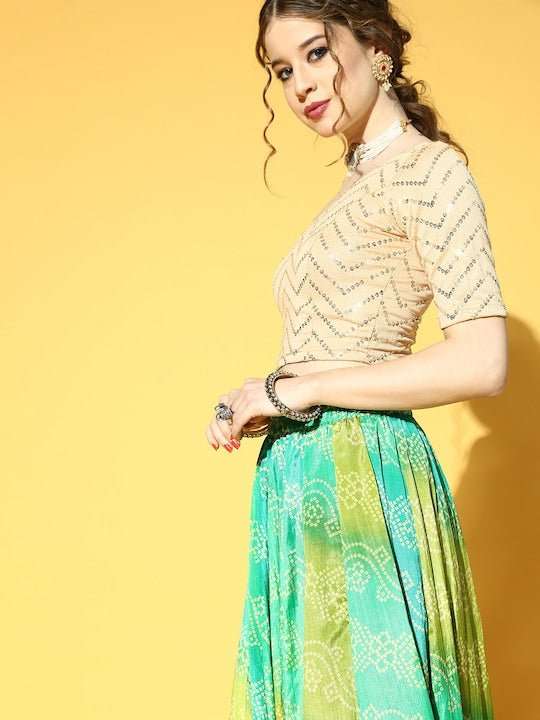 Women Beige & Golden Sequinned Stretchable Slip-On Saree Blouse - Inddus.com