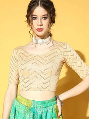 Women Beige & Golden Sequinned Stretchable Slip-On Saree Blouse - Inddus.com