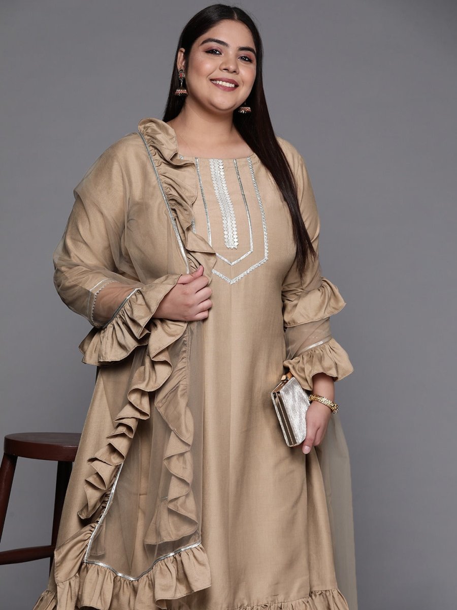 Women Beige Gotta Patti Kurta with Trousers & With Dupatta - Inddus.com