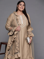 Women Beige Gotta Patti Kurta with Trousers & With Dupatta - Inddus.com