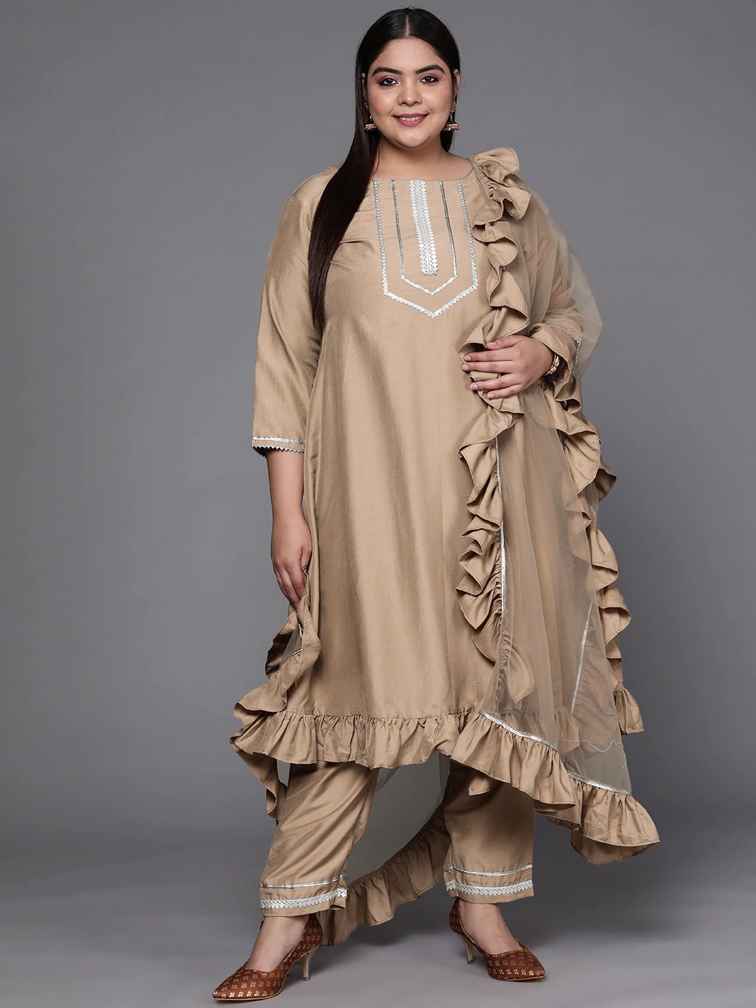 Women Beige Gotta Patti Kurta with Trousers & With Dupatta - Inddus.com
