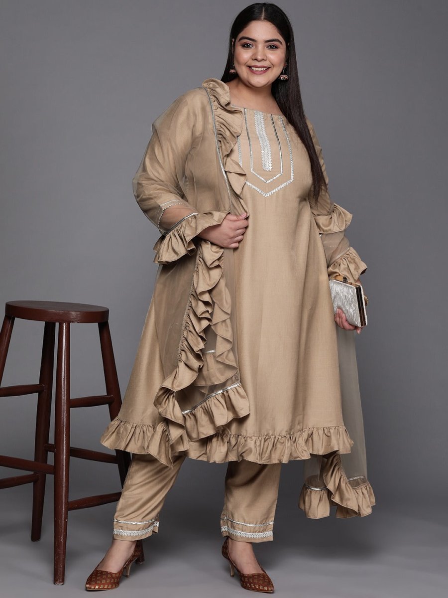 Women Beige Gotta Patti Kurta with Trousers & With Dupatta - Inddus.com