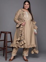 Women Beige Gotta Patti Kurta with Trousers & With Dupatta - Inddus.com