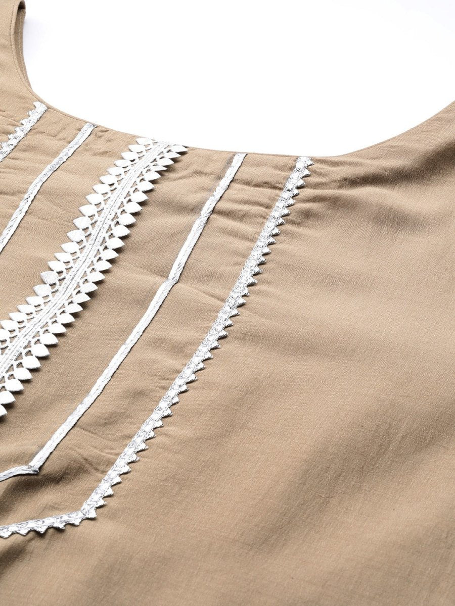 Women Beige Gotta Patti Kurta with Trousers & With Dupatta - Inddus.com