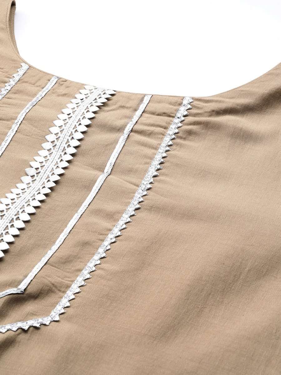 Women Beige Gotta Patti Kurta with Trousers & With Dupatta - Inddus.com