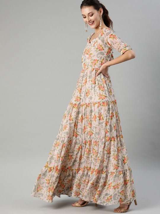 Women Beige & Peach-Coloured Floral Print Anarkali Kurta With Dupatta - Inddus.com