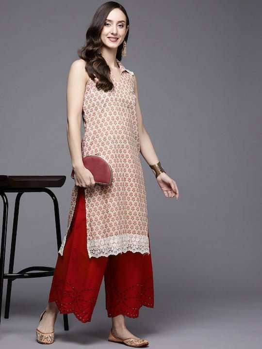 Women Beige & Pink Ethnic Motifs Printed Cotton Kurta - Inddus.com