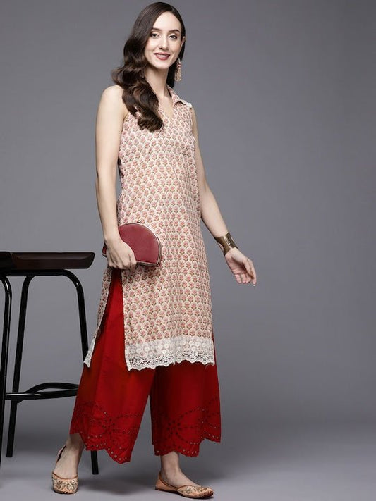 Women Beige & Pink Ethnic Motifs Printed Cotton Kurta - Inddus.com
