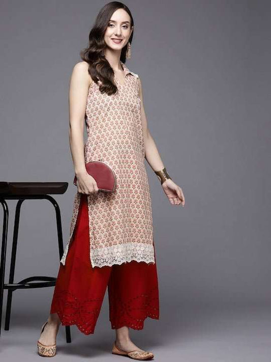 Women Beige & Pink Ethnic Motifs Printed Cotton Kurta - Inddus.com
