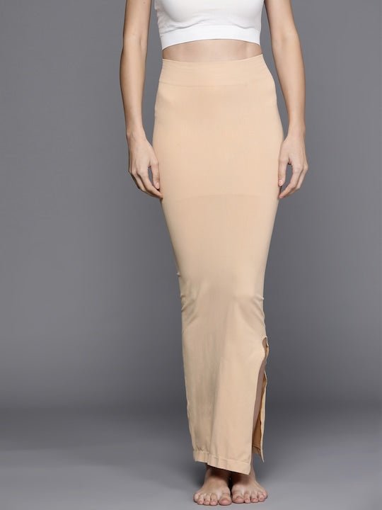 Women Beige Solid High Compressed Seamless Instant Slimming Saree Shapewear - Inddus.com