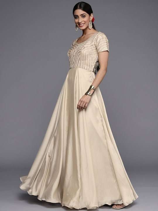 Women Beige Yoke Design Georgette Anarkali Kurta - Inddus.com