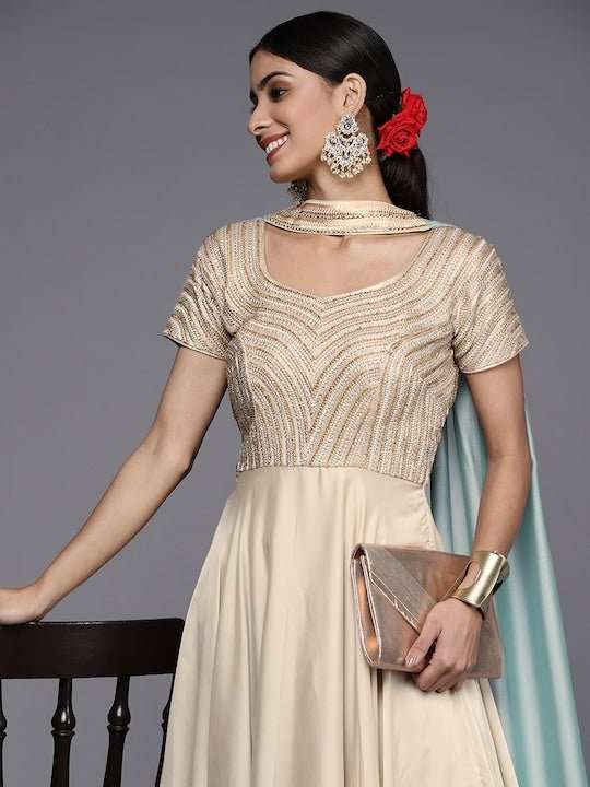 Women Beige Yoke Design Georgette Anarkali Kurta - Inddus.com