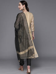 Women Beige Yoke Design Thread Work Kurta with Trouser and Dupatta - Inddus.com