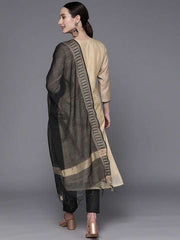 Women Beige Yoke Design Thread Work Kurta with Trouser and Dupatta - Inddus.com