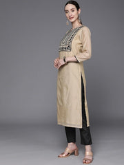 Women Beige Yoke Design Thread Work Kurta with Trouser and Dupatta - Inddus.com
