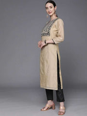Women Beige Yoke Design Thread Work Kurta with Trouser and Dupatta - Inddus.com