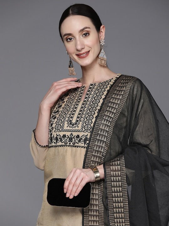 Women Beige Yoke Design Thread Work Kurta with Trouser and Dupatta - Inddus.com