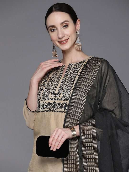 Women Beige Yoke Design Thread Work Kurta with Trouser and Dupatta - Inddus.com