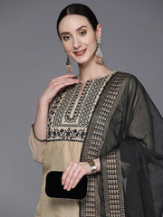 Women Beige Yoke Design Thread Work Kurta with Trouser and Dupatta - Inddus.com