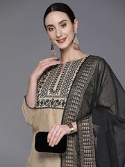 Women Beige Yoke Design Thread Work Kurta with Trouser and Dupatta - Inddus.com