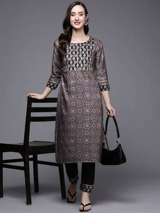 Women Black & Blue Ethnic Motifs Printed Kurta with Trousers - Inddus.com