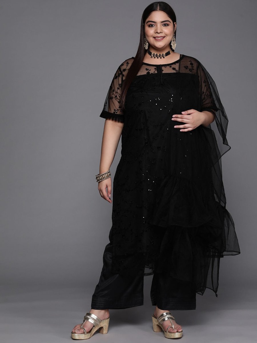 Women Black Embroidered Sequinned Net Kurta with Palazzos & Dupatta - Inddus.com