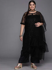 Women Black Embroidered Sequinned Net Kurta with Palazzos & Dupatta - Inddus.com