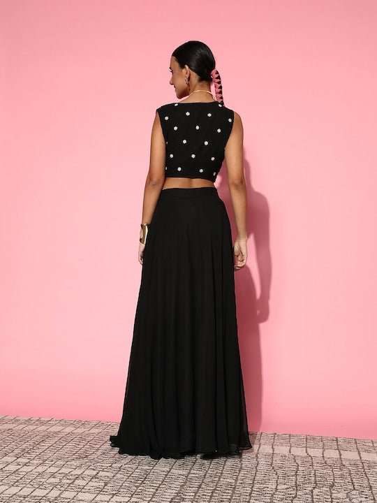 Women Black Embroidered Top & Skirt - Inddus.com