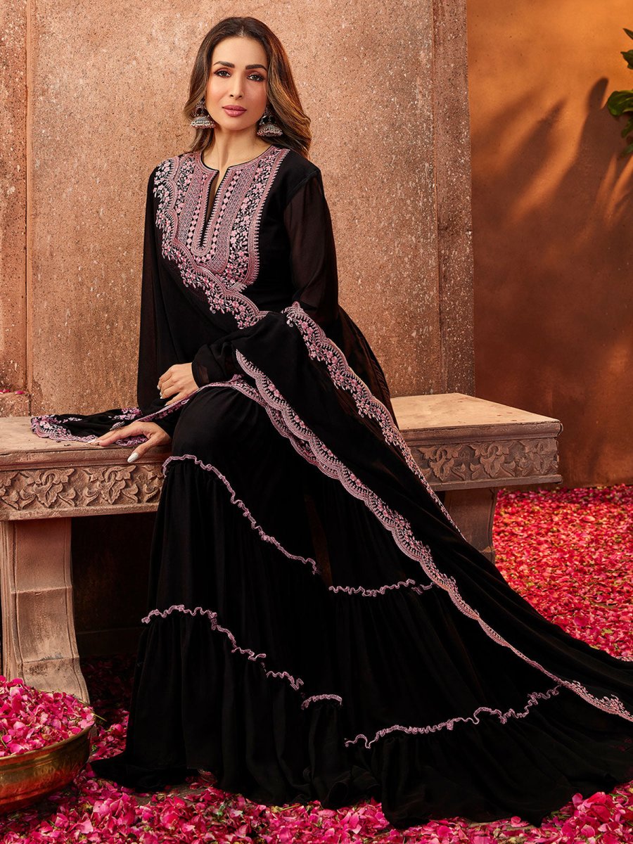Women Black Ethnic Motifs Thread Work Kurta with Skirt & With Dupatta - Inddus.com