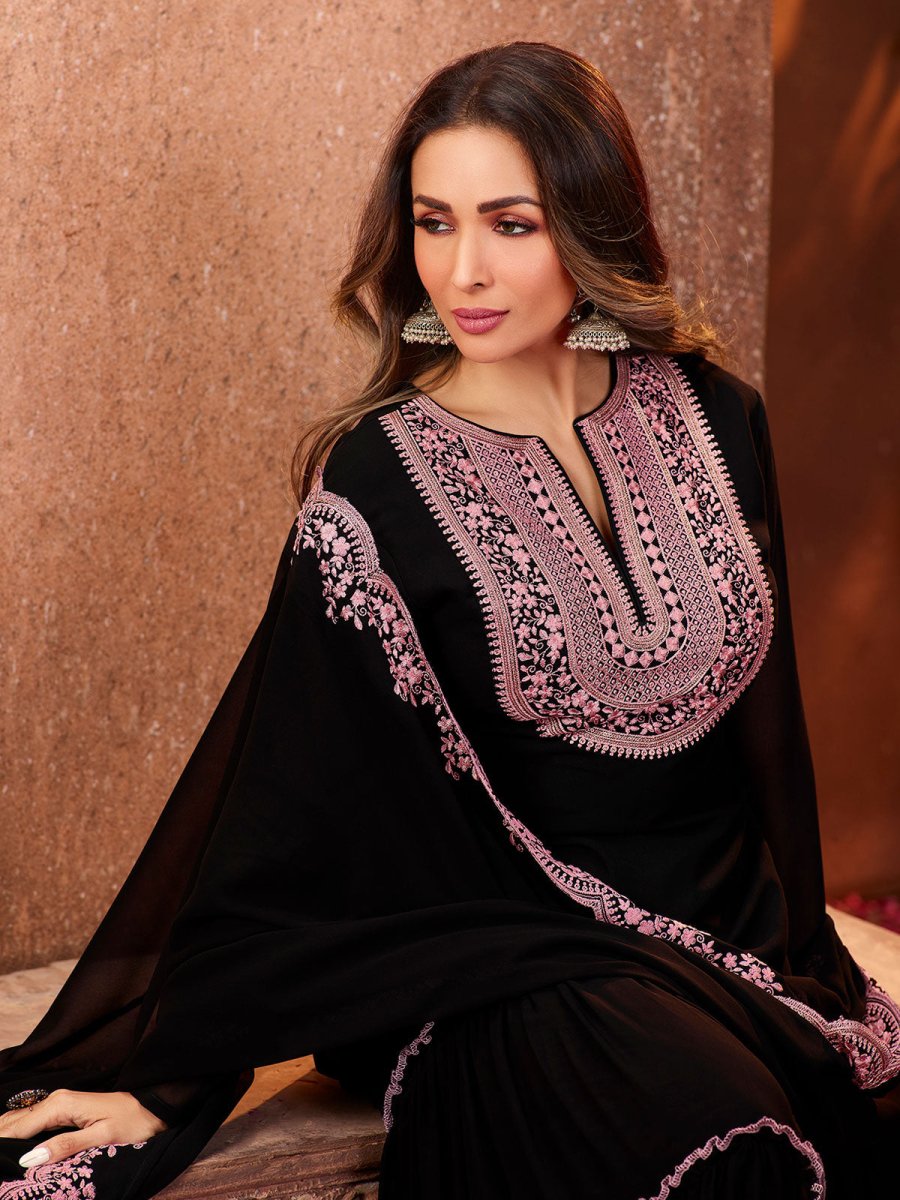 Women Black Ethnic Motifs Thread Work Kurta with Skirt & With Dupatta - Inddus.com