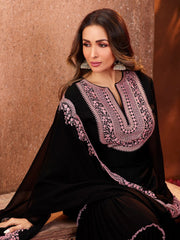 Women Black Ethnic Motifs Thread Work Kurta with Skirt & With Dupatta - Inddus.com