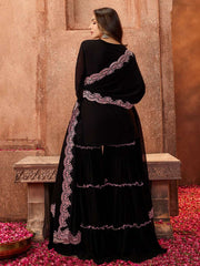 Women Black Ethnic Motifs Thread Work Kurta with Skirt & With Dupatta - Inddus.com