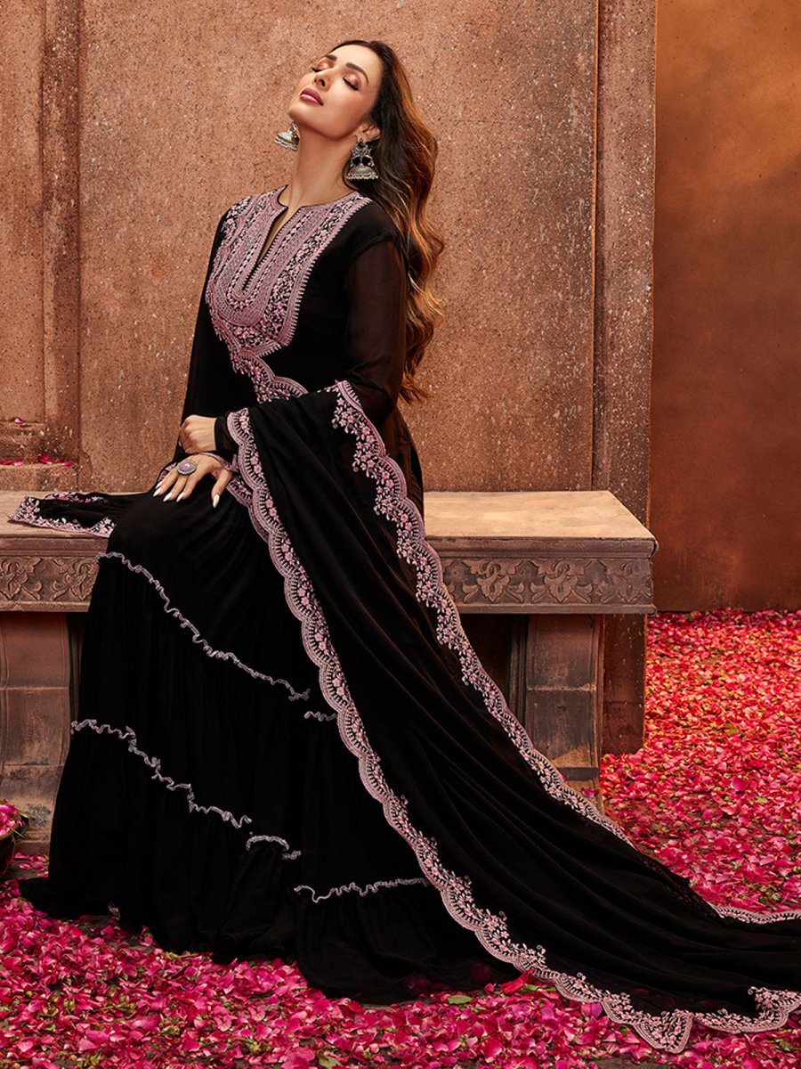 Women Black Ethnic Motifs Thread Work Kurta with Skirt & With Dupatta - Inddus.com