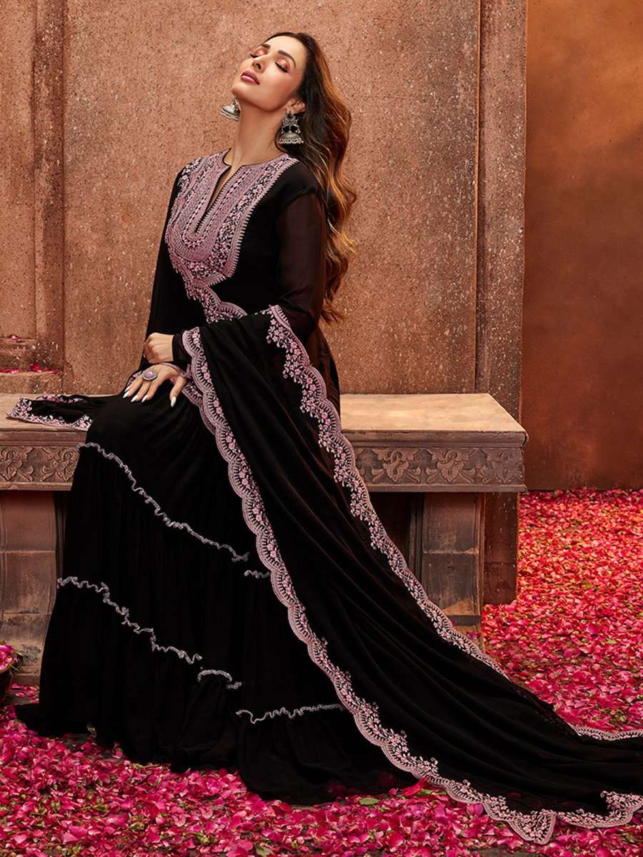 Women Black Ethnic Motifs Thread Work Kurta with Skirt & With Dupatta - Inddus.com